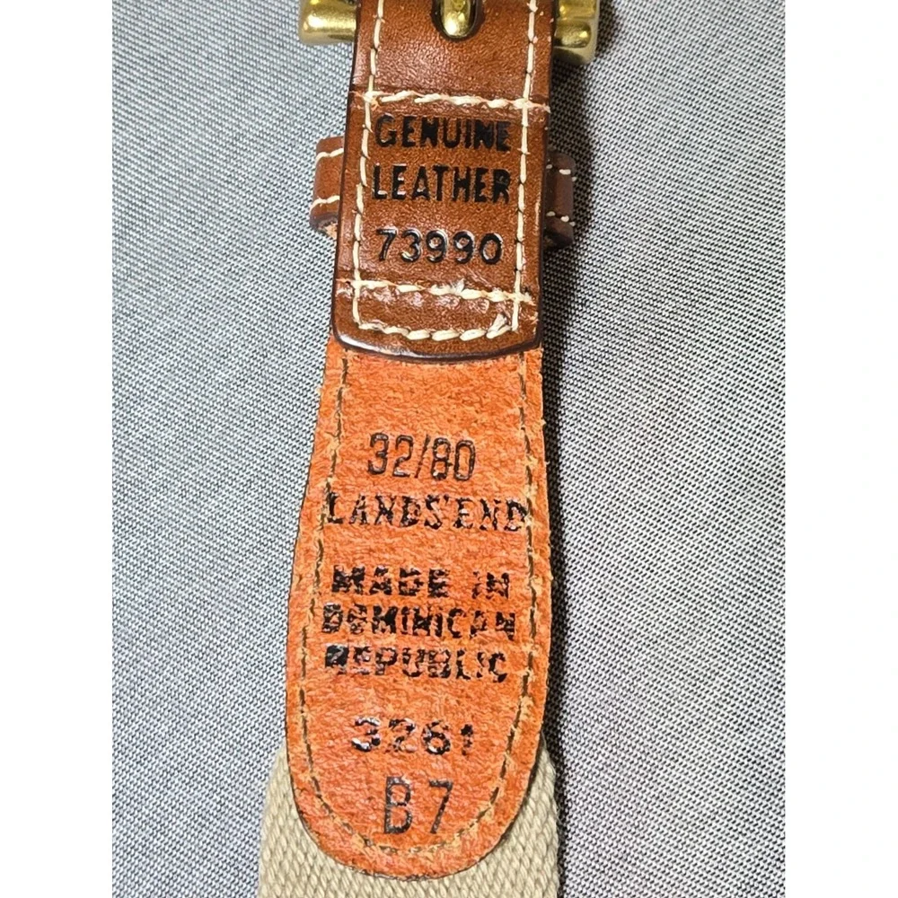 Vtg Lands End Men 32 Woven Cotton Web Leather Belt Brass Buckle Ivy Preppy USA
